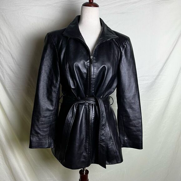Worthington Jackets & Blazers - Worthington Belted Leather Jacket Zip Up Short Trench Black Y2K Vintage Medium
